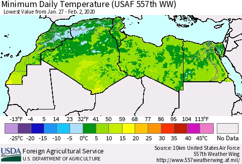 North Africa Minimum Daily Temperature (USAF 557th WW) Thematic Map For 1/27/2020 - 2/2/2020