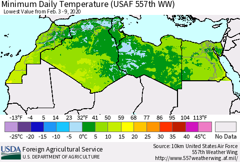 North Africa Minimum Daily Temperature (USAF 557th WW) Thematic Map For 2/3/2020 - 2/9/2020