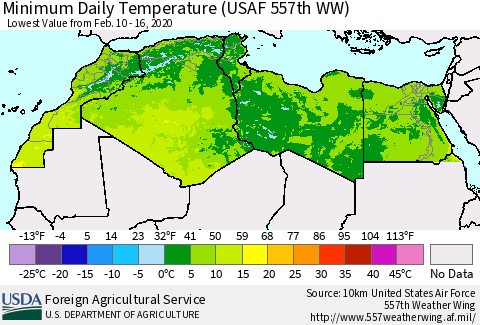 North Africa Minimum Daily Temperature (USAF 557th WW) Thematic Map For 2/10/2020 - 2/16/2020