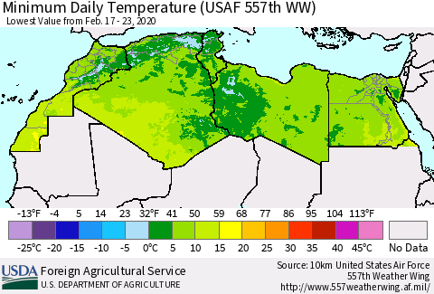 North Africa Minimum Daily Temperature (USAF 557th WW) Thematic Map For 2/17/2020 - 2/23/2020
