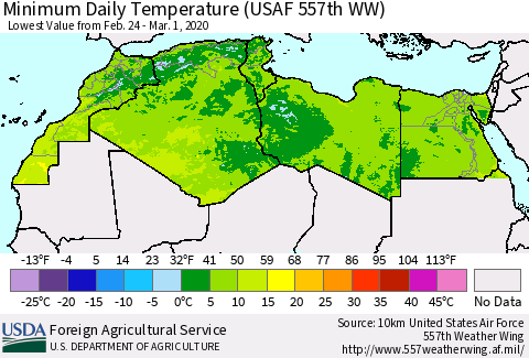 North Africa Minimum Daily Temperature (USAF 557th WW) Thematic Map For 2/24/2020 - 3/1/2020