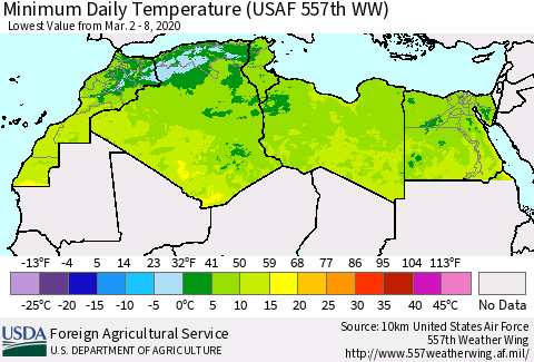 North Africa Minimum Daily Temperature (USAF 557th WW) Thematic Map For 3/2/2020 - 3/8/2020