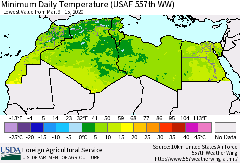 North Africa Minimum Daily Temperature (USAF 557th WW) Thematic Map For 3/9/2020 - 3/15/2020