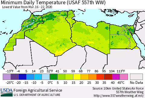 North Africa Minimum Daily Temperature (USAF 557th WW) Thematic Map For 3/16/2020 - 3/22/2020