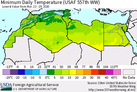 North Africa Minimum Daily Temperature (USAF 557th WW) Thematic Map For 3/23/2020 - 3/29/2020