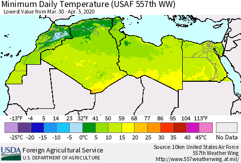 North Africa Minimum Daily Temperature (USAF 557th WW) Thematic Map For 3/30/2020 - 4/5/2020