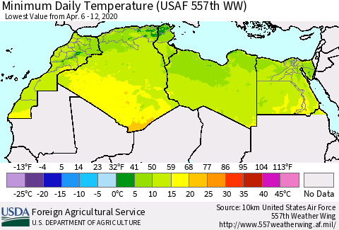 North Africa Minimum Daily Temperature (USAF 557th WW) Thematic Map For 4/6/2020 - 4/12/2020