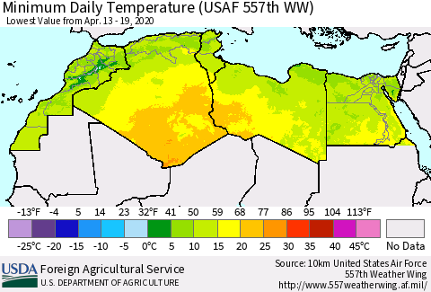 North Africa Minimum Daily Temperature (USAF 557th WW) Thematic Map For 4/13/2020 - 4/19/2020