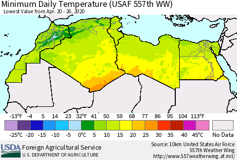 North Africa Minimum Daily Temperature (USAF 557th WW) Thematic Map For 4/20/2020 - 4/26/2020