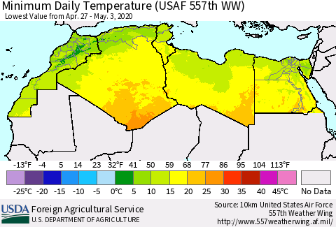 North Africa Minimum Daily Temperature (USAF 557th WW) Thematic Map For 4/27/2020 - 5/3/2020