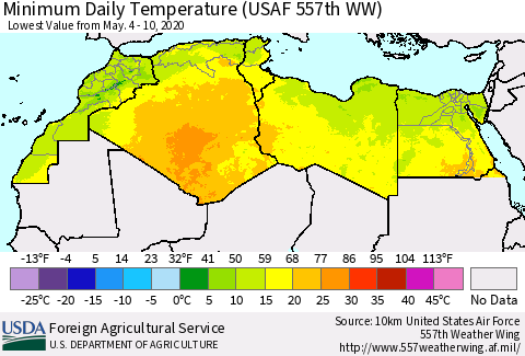 North Africa Minimum Daily Temperature (USAF 557th WW) Thematic Map For 5/4/2020 - 5/10/2020