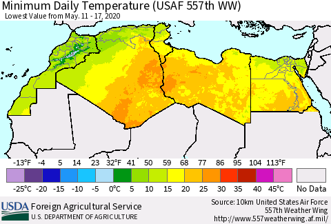 North Africa Minimum Daily Temperature (USAF 557th WW) Thematic Map For 5/11/2020 - 5/17/2020