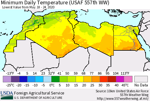 North Africa Minimum Daily Temperature (USAF 557th WW) Thematic Map For 5/18/2020 - 5/24/2020