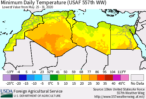 North Africa Minimum Daily Temperature (USAF 557th WW) Thematic Map For 5/25/2020 - 5/31/2020