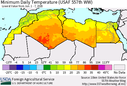 North Africa Minimum Daily Temperature (USAF 557th WW) Thematic Map For 6/1/2020 - 6/7/2020