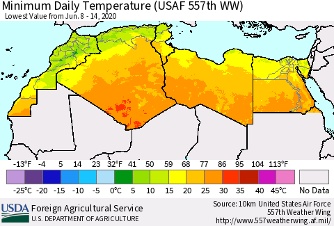 North Africa Minimum Daily Temperature (USAF 557th WW) Thematic Map For 6/8/2020 - 6/14/2020