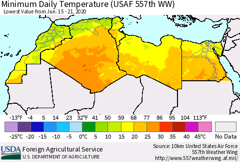 North Africa Minimum Daily Temperature (USAF 557th WW) Thematic Map For 6/15/2020 - 6/21/2020