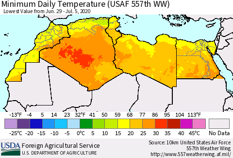 North Africa Minimum Daily Temperature (USAF 557th WW) Thematic Map For 6/29/2020 - 7/5/2020