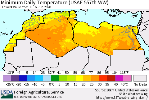 North Africa Minimum Daily Temperature (USAF 557th WW) Thematic Map For 7/6/2020 - 7/12/2020