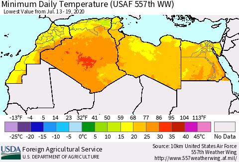 North Africa Minimum Daily Temperature (USAF 557th WW) Thematic Map For 7/13/2020 - 7/19/2020