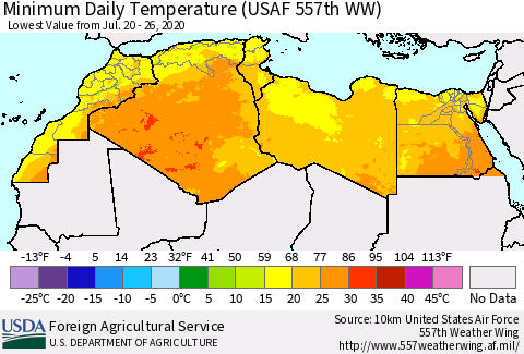North Africa Minimum Daily Temperature (USAF 557th WW) Thematic Map For 7/20/2020 - 7/26/2020