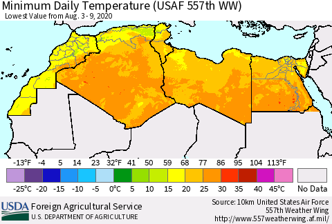 North Africa Minimum Daily Temperature (USAF 557th WW) Thematic Map For 8/3/2020 - 8/9/2020