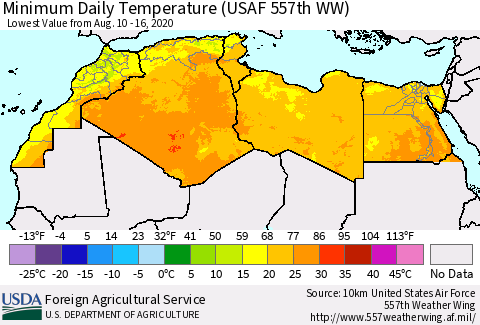North Africa Minimum Daily Temperature (USAF 557th WW) Thematic Map For 8/10/2020 - 8/16/2020