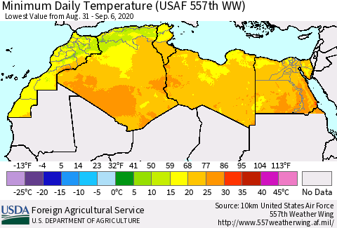 North Africa Minimum Daily Temperature (USAF 557th WW) Thematic Map For 8/31/2020 - 9/6/2020
