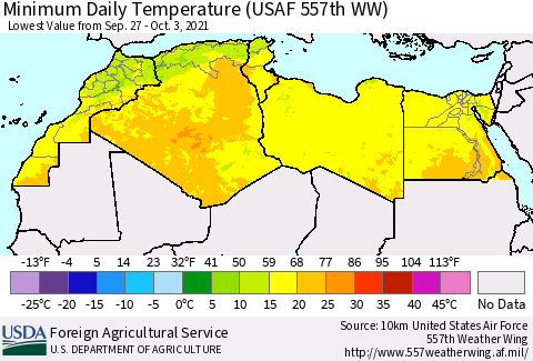 North Africa Minimum Daily Temperature (USAF 557th WW) Thematic Map For 9/27/2021 - 10/3/2021