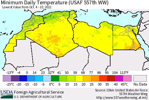 North Africa Minimum Daily Temperature (USAF 557th WW) Thematic Map For 10/4/2021 - 10/10/2021