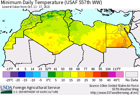 North Africa Minimum Daily Temperature (USAF 557th WW) Thematic Map For 10/11/2021 - 10/17/2021