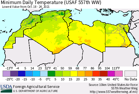 North Africa Minimum Daily Temperature (USAF 557th WW) Thematic Map For 10/18/2021 - 10/24/2021