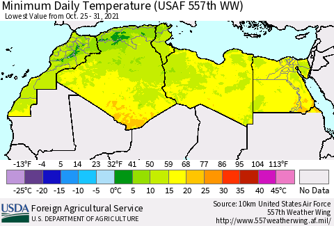 North Africa Minimum Daily Temperature (USAF 557th WW) Thematic Map For 10/25/2021 - 10/31/2021