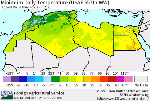 North Africa Minimum Daily Temperature (USAF 557th WW) Thematic Map For 11/1/2021 - 11/7/2021