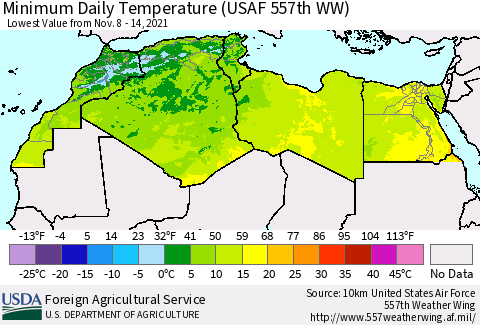 North Africa Minimum Daily Temperature (USAF 557th WW) Thematic Map For 11/8/2021 - 11/14/2021