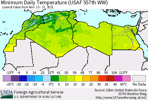 North Africa Minimum Daily Temperature (USAF 557th WW) Thematic Map For 11/15/2021 - 11/21/2021
