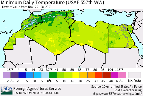 North Africa Minimum Daily Temperature (USAF 557th WW) Thematic Map For 11/22/2021 - 11/28/2021