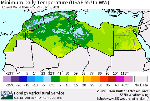North Africa Minimum Daily Temperature (USAF 557th WW) Thematic Map For 11/29/2021 - 12/5/2021
