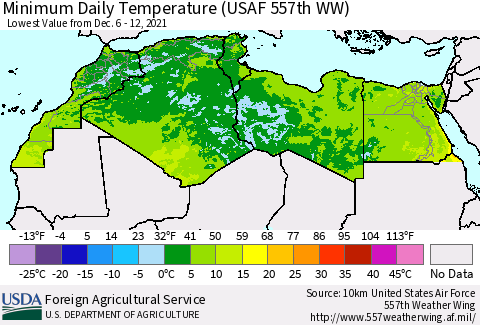 North Africa Minimum Daily Temperature (USAF 557th WW) Thematic Map For 12/6/2021 - 12/12/2021
