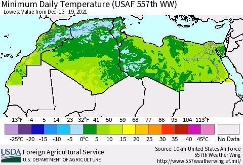 North Africa Minimum Daily Temperature (USAF 557th WW) Thematic Map For 12/13/2021 - 12/19/2021