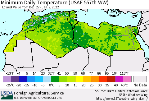 North Africa Minimum Daily Temperature (USAF 557th WW) Thematic Map For 12/27/2021 - 1/2/2022