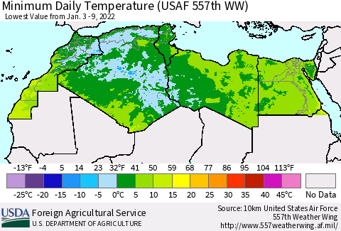 North Africa Minimum Daily Temperature (USAF 557th WW) Thematic Map For 1/3/2022 - 1/9/2022