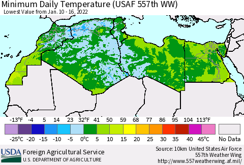 North Africa Minimum Daily Temperature (USAF 557th WW) Thematic Map For 1/10/2022 - 1/16/2022