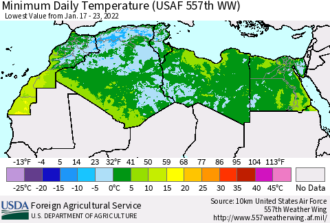 North Africa Minimum Daily Temperature (USAF 557th WW) Thematic Map For 1/17/2022 - 1/23/2022