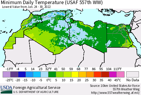 North Africa Minimum Daily Temperature (USAF 557th WW) Thematic Map For 1/24/2022 - 1/30/2022