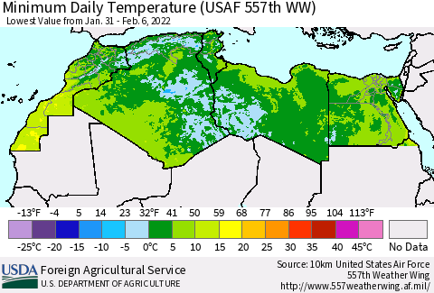 North Africa Minimum Daily Temperature (USAF 557th WW) Thematic Map For 1/31/2022 - 2/6/2022