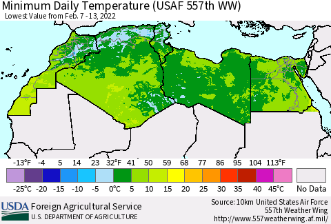 North Africa Minimum Daily Temperature (USAF 557th WW) Thematic Map For 2/7/2022 - 2/13/2022