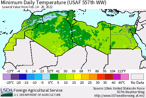 North Africa Minimum Daily Temperature (USAF 557th WW) Thematic Map For 2/14/2022 - 2/20/2022