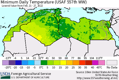North Africa Minimum Daily Temperature (USAF 557th WW) Thematic Map For 2/21/2022 - 2/27/2022