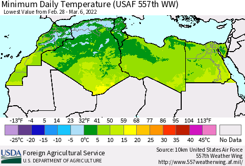 North Africa Minimum Daily Temperature (USAF 557th WW) Thematic Map For 2/28/2022 - 3/6/2022